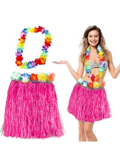 CLZ192 Hawaii Luau Aloha Pembe Püsküllü 40 Cm Etek Ve Hawaii Kolye Seti