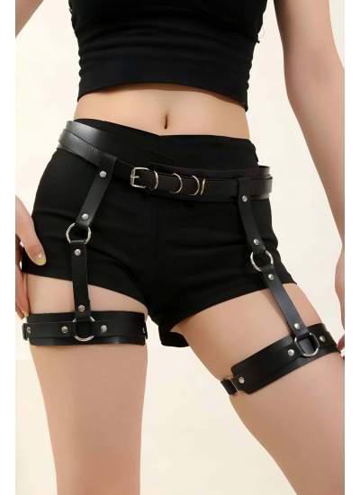 CLZ41 Siyah Deri Jartiyer Harness - Ürün Rengi:Siyah