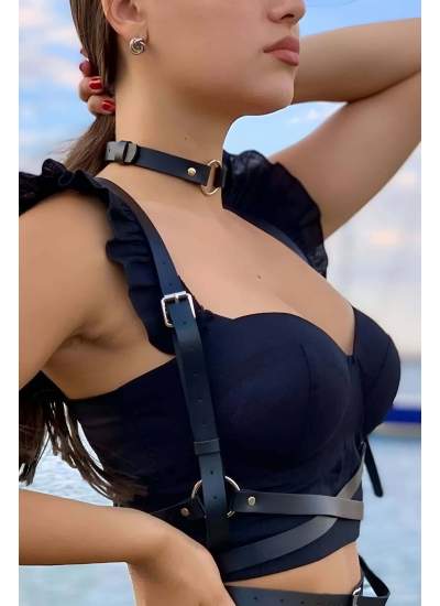 CLZ41 Deri Choker ve Kemer Harness Takım - Ürün Rengi:Kırmızı