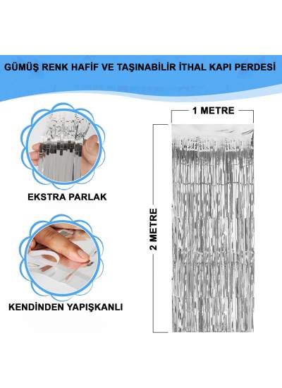 Gümüş Renk Ekstra Metalize Parlak Saçaklı Arka Fon Perde İthal A Kalite 1x2 Metre (CLZ)