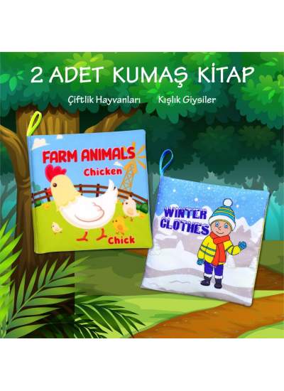 CLZ247 2 Kitap  İngilizce Çiftlik Hayvanları ve Kışlık Giysiler Kumaş Sessiz Kitap