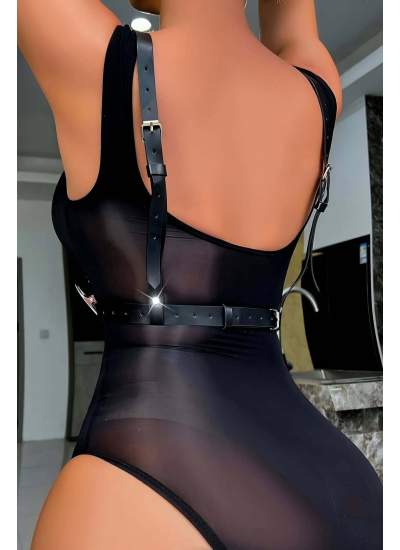 CLZ41 Boyun Detaylı Siyah Deri Harness - Ürün Rengi:Siyah