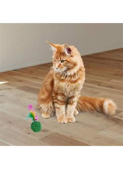 BUFFER® 2li Rattan Renkli Peluş Tüy Kedi Köpek Oyuncak Yakalama Çiğneme Çıngıraklı Top Oyuncağı