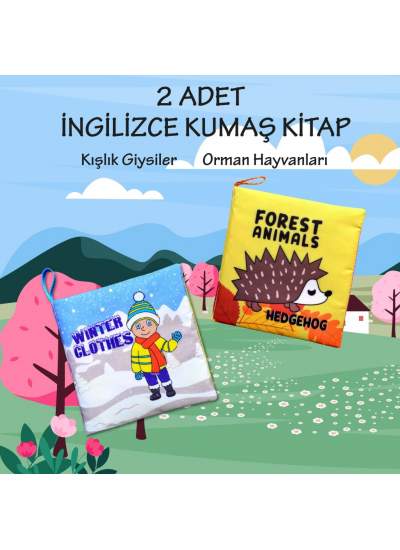 CLZ247 2 Kitap  İngilizce Kışlık Giysiler ve Orman Hayvanları Kumaş Sessiz Kitap