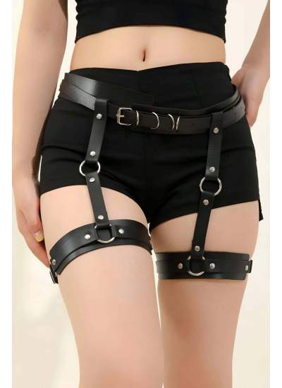 CLZ41 Siyah Deri Jartiyer Harness - Ürün Rengi:Kırmızı