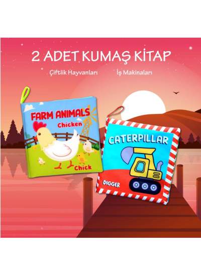 CLZ247 2 Kitap  İngilizce Çiftlik Hayvanları ve İş Makinaları Kumaş Kumaş Sessiz Kitap