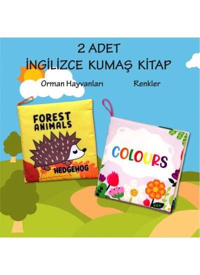 CLZ247 2 Kitap  İngilizce Orman Hayvanları ve Renkler Kumaş Sessiz Kitap