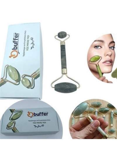 BUFFER® Özel Süngerli Kutusunda Kırılmaz Çift Taraflı 2li Cilt Yüz Masaj Aleti Jade Roller Yeşim Taş