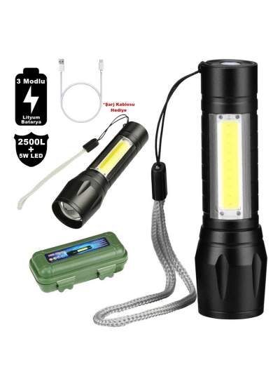 CLZ192 Su Geçirmez Şarjlı El Feneri 2500 Lumens + 5W COB LED USB Lion Şarjlı Ultra Güçlü Q5 XPE (4172)