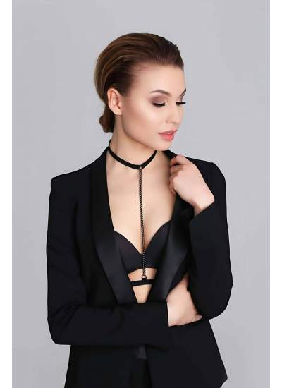 CLZ41 Boyun Bel Arası Zincirli Seksi Choker - Ürün Rengi:Siyah