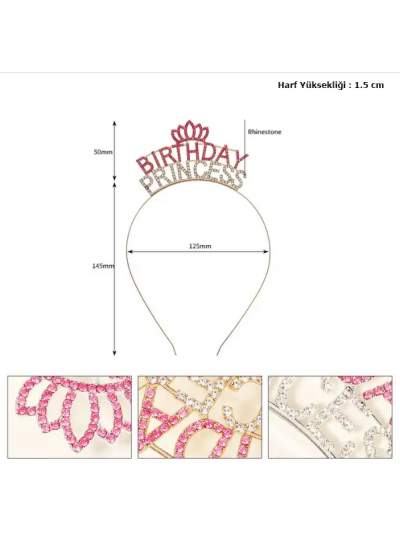 Kristal Taşlı Pembe Birthday Princess Yazılı Parti Tacı 19x11 cm (CLZ)