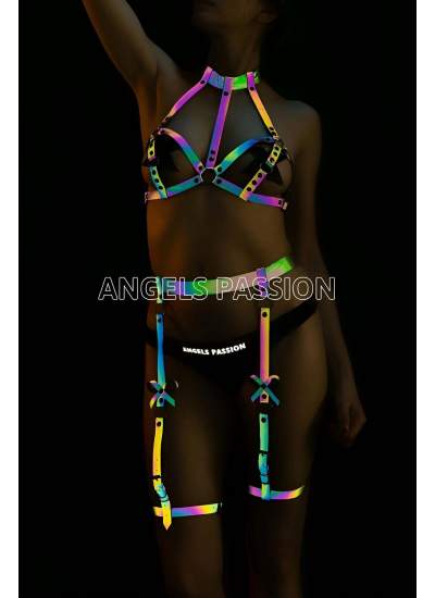 CLZ41 Reflektörlü Özel Tasarım Seksi Harness Jartiyer Takım - Ürün Rengi:Rainbow Reflektör