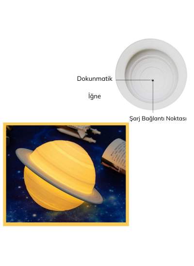 CLZ192 3D Print Satürn Dokunmatik Gezegen Ahşap Stantlı 3 Renk USB Şarjlı Gece Lambası (Kumandasız) (4172)