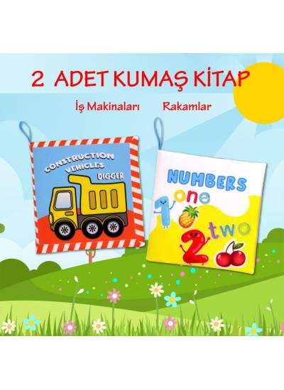 CLZ247 2 Kitap  İngilizce İş Makinaları ve Rakamlar Kumaş Sessiz Kitap