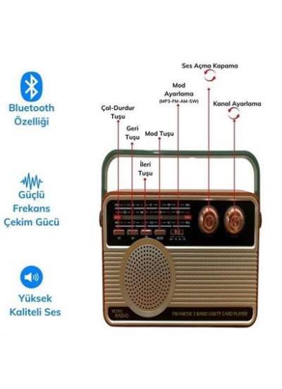 BUFFER® 506B Dekoratif Eskitme Nostalji Uzaktan Kumandalı Radyo Usb/Aux/Hafıza Kartı/Bluetooth/Şarjl