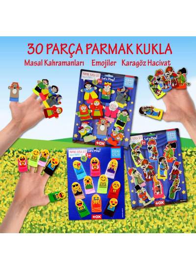 CLZ247 3 Set - 30 Parça  Masal Kahramanları, Karagöz Hacivat ve Emojiler Parmak Kukla