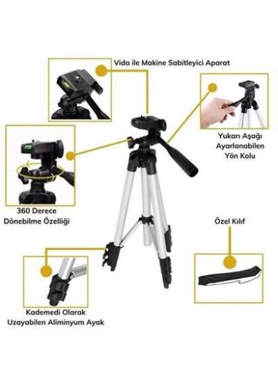 BUFFER® 360 Derece Ayarlanabilir Katlanabilir Profesyonel Çekime Uygun 65 cm Ayaklı Tripod