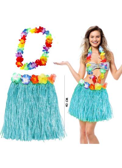 Hawaii Luau Aloha Mavi Püsküllü 40 cm Etek ve Hawaii Kolye Seti (CLZ)