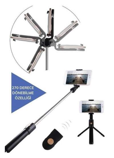 BUFFER® Sabitlenebilir Cep Telefon Tutucu  Ayarlanabilir Taşınabilir 3 Ayaklı Tripod Selfie Çubuğu