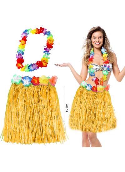 Hawaii Luau Aloha Sarı Püsküllü 50 cm Etek ve Hawaii Kolye Seti (CLZ)