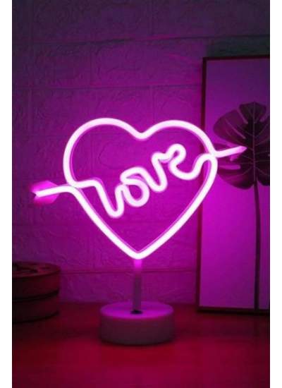 BUFFER® Kalpli Love Yazılı Dekoratif Neon Pilli Led Masa ve Gece Lambası