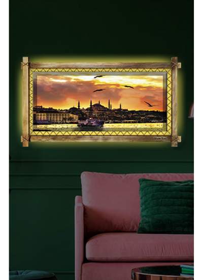 CLZ104 İstanbul Gün Batımı LED IŞIKLI RUSTİK kanvas tablo B  (96 x 66) cm