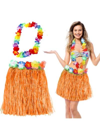 CLZ192 Hawaii Luau Aloha Turuncu Püsküllü 40 Cm Etek Ve Hawaii Kolye Seti