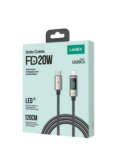 CLZ942 Lanex Ls20cl 1.2m 20w Dijital Göstergeli Hasırlı Type-c To Lightning Pd Hızlı Şarj Kablosu - Ürün Rengi : Gümüş