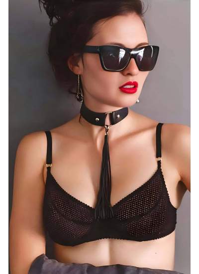 CLZ41 Püsküllü Deri Tasma, Deri Choker, Püskül Detaylık Şık Choker - Ürün Rengi:Kırmızı