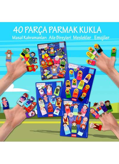 CLZ247 4 Set - 40 Parça  Masal Kahramanları, Aile Bireyleri , Meslekler ve Emojiler Parmak Kukla