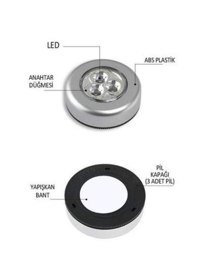 BUFFER® Kablosuz Spot Pilli Dokunmatik Led Lamba 3 Ledli Dolap Lambası