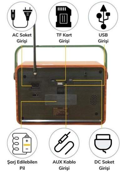 BUFFER® 506B Dekoratif Eskitme Nostalji Uzaktan Kumandalı Radyo Usb/Aux/Hafıza Kartı/Bluetooth/Şarjl