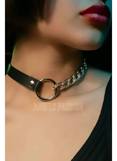 CLZ41 Zincirli Deri Choker, Zincir Detaylı Seksi Choker - Ürün Rengi:Kırmızı