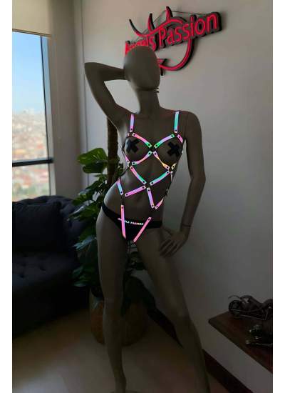 CLZ41 Dansçı KıyafetleriKaranlıkta Parlayan Reflektörlü Body Harness - Ürün Rengi:Rainbow Reflektör