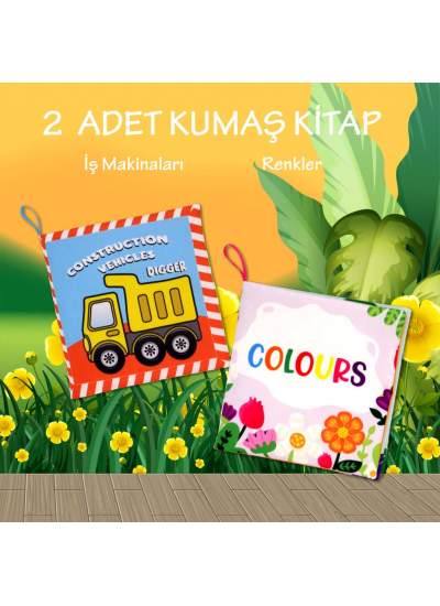 CLZ247 2 Kitap  İngilizce İş Makinaları ve Renkler Kumaş Sessiz Kitap