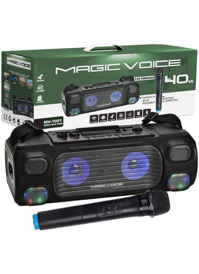 CLZ192 MAGICVOICE MV-7001 VHF EL MİK USB/SD/BT/UK 40 WATT IŞIKLI TAŞINABİLİR ŞARJLI  SEYYAR ANFİ (4172)