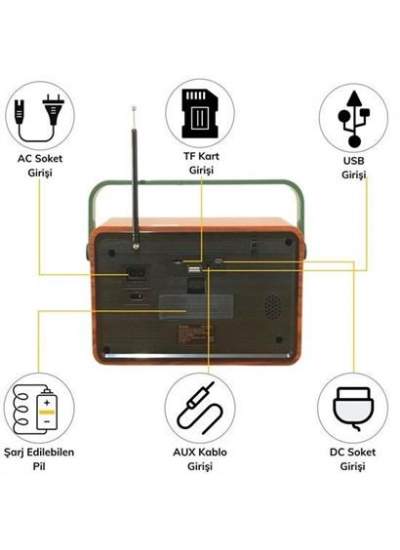 BUFFER® 503B Dekoratif Eskitme Nostalji Uzaktan Kumandalı Radyo Usb/Aux/Hafıza Kartı/Bluetooth/Şarjl