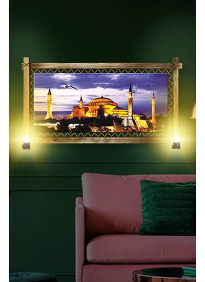 CLZ104  RUSTİK IŞIKLI Camii Kanvas Rustik Tablo O  (66 x 45) cm