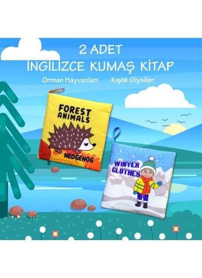 CLZ247 2 Kitap  İngilizce Orman Hayvanları ve Kışlık Giysiler Kumaş Sessiz Kitap