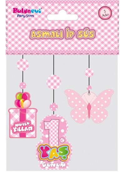 1 Yaş Temalı Asmalı İp Süs Pembe Renk 3 lü Set 12x45 cm (CLZ)