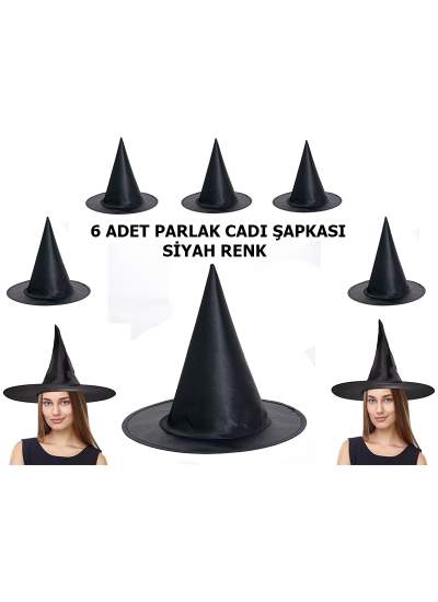 Halloween Siyah Renk Parlak Dralon Cadı Şapkası Yetişkin ve Çocuk Uyumlu 6 Adet (CLZ)