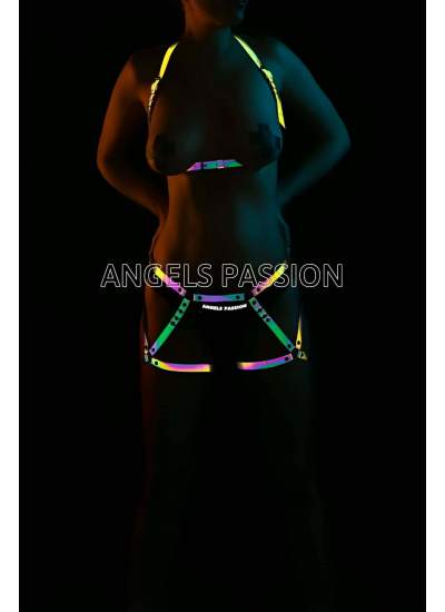 CLZ41 Erotik Giyim Reflektörlü Harness Takım - Ürün Rengi:Rainbow Reflektör