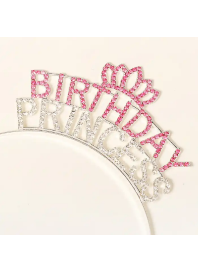 CLZ192 Kristal Taşlı Pembe Birthday Princess Yazılı Parti Tacı 19x11 cm (4172)