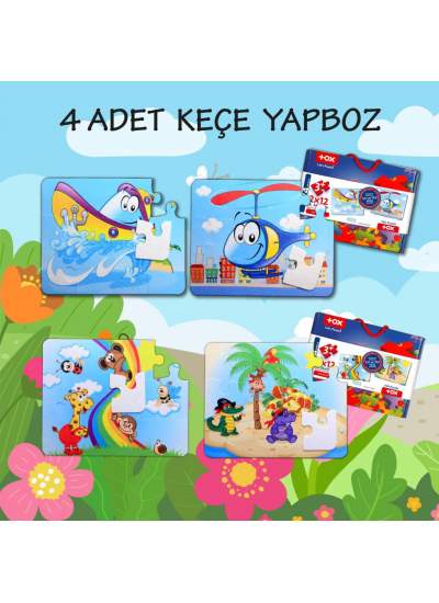 CLZ247 4 Set - 48 Parça  Tekne , Helikopter ve Gökkuşağı 3+ Keçe Yapboz - 3 Yaş Puzzle