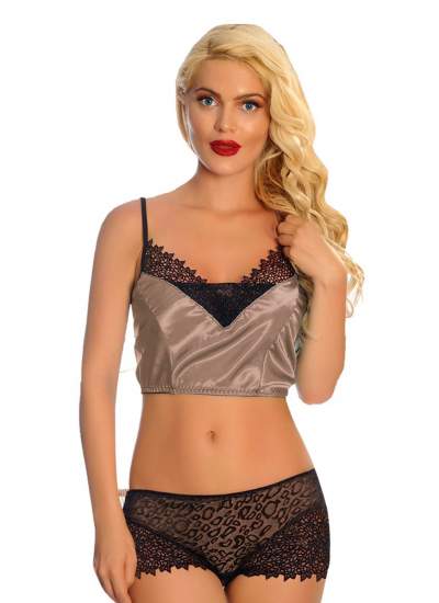 CLZ946 Vizon Saten Dantelli Babydoll Şortlu Takım