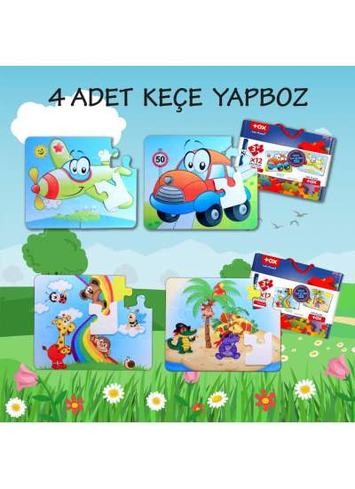 CLZ247 4 Set - 48 Parça  Uçak, Araba ve Gökkuşağı 3+ Keçe Yapboz - 3 Yaş Puzzle