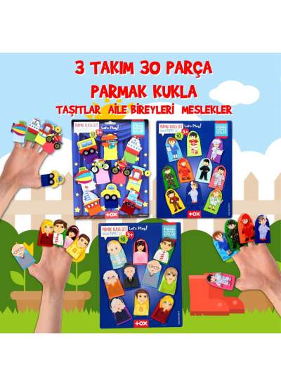 CLZ247 3 Set - 30 Parça  Taşıtlar, Aile Bireyleri ve Meslekler Parmak Kukla