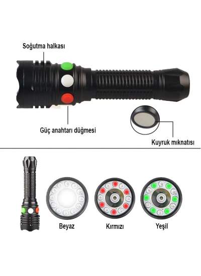 CLZ192 ŞARJ EDİLEBİLİR 3 WATT 3 RENKLİ LEDLİ EL FENERİ (4172)