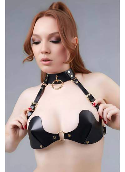 CLZ41 Tasma Halkalı Asimetrik Kesim Deri Sütyen Harness - Ürün Rengi:Kırmızı