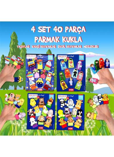 CLZ247 4 Set - 40 Parça  Meslekler, Taşıtlar, Evcil  ve Vahşi Hayvanlar Parmak Kukla